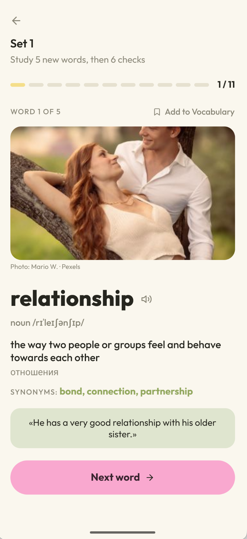 wervia lesson screen: the word 'relationship' with definition, translation, synonyms and an example sentence